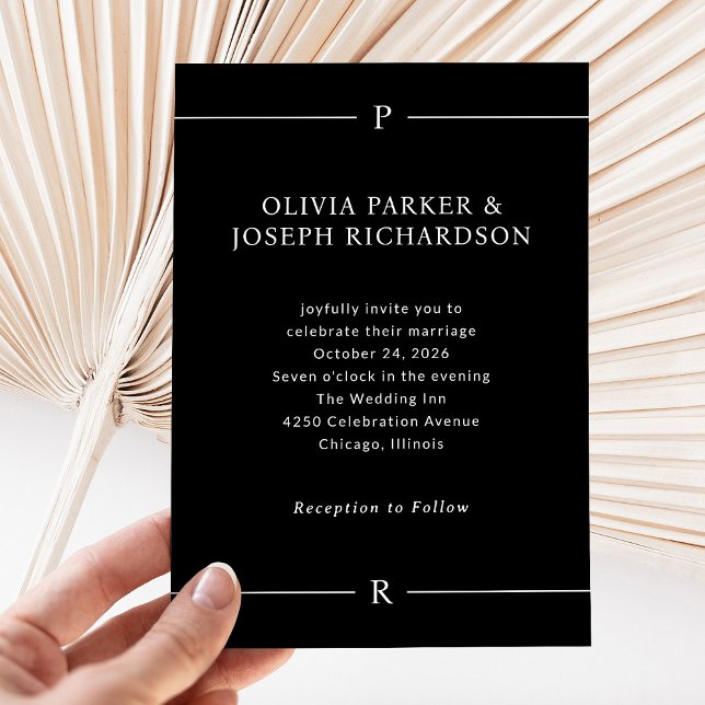 Modern Lines and Monogram | Dark Black Wedding Invitation (Creator Uploaded)