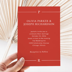 Modern Lines and Monogram Poppy Red Wedding Invitation