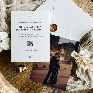 Modern Lines and Monogram White QR Code and Photo Save The Date