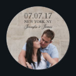 MODERN LINES | PHOTO SAVE THE DATE CARD<br><div class="desc">MODERN LINES | PHOTO SAVE THE DATE CARD | ROUND CARD. ELKE CLARKE© This and other colours and styles are available at www.zazzle.com/epclarke. Modern save the date announcement with your engagement photo on the front with black elegant script font text overlay. On the back a bold, black and cream stripes...</div>