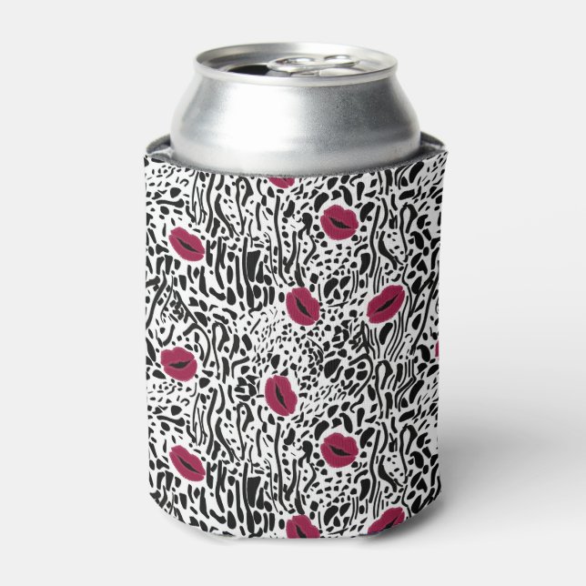 Modern Lipstick Lips B&W Pattern Can Cooler (Can Front)