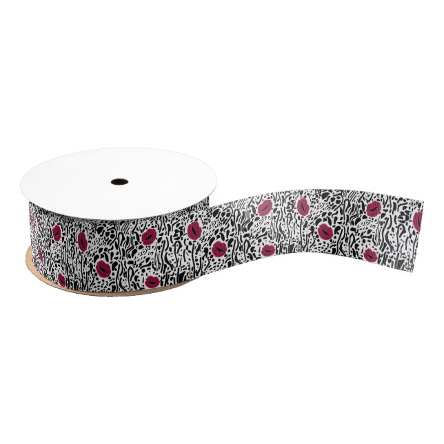 Modern Lipstick Lips B&W Pattern Grosgrain Ribbon (Spool)