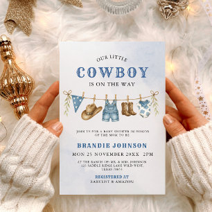 Modern Little Cowboy Blue Clothesline Baby Shower Invitation