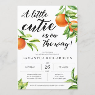 Modern little cutie is on the way orange baby girl invitation