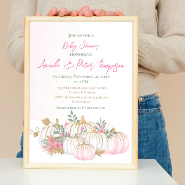 Modern Little Pumpkin Pink Greenery Baby Shower Invitation (Creator Uploaded)