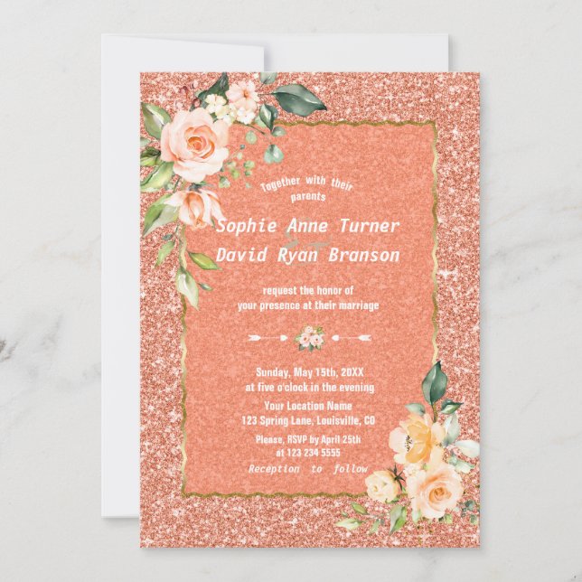 Modern Living Coral Flowers Coral Glitter Wedding Invitation (Front)