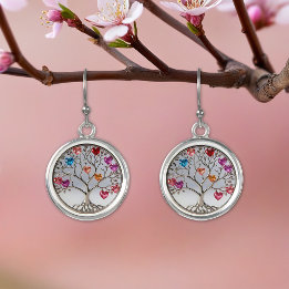 modern living tree blue pink crystals earrings