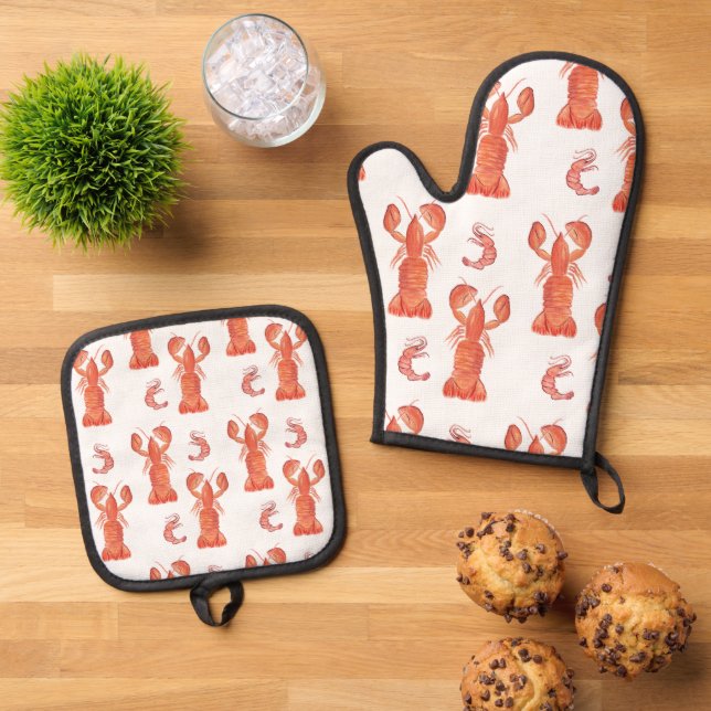 Modern Lobster Shrimp Hand Painted Pattern Oven Mitt & Pot Holder Set (Top Down)