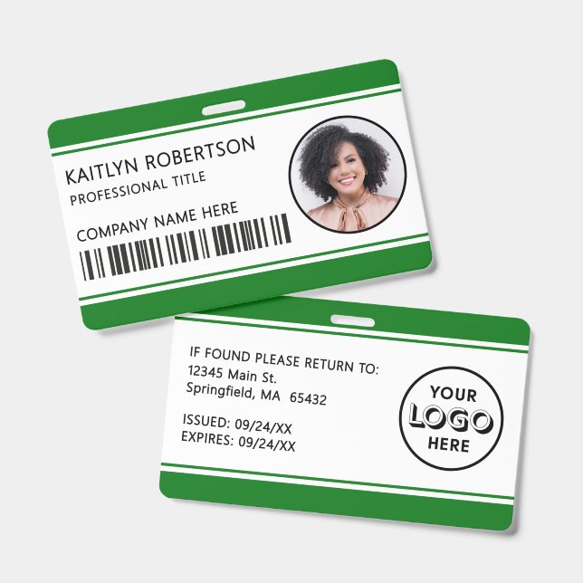 Modern Logo Barcode Green Employee Photo ID Badge (Front & Back)