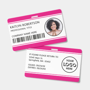 Modern Logo Barcode Hot Pink Employee Photo ID Badge
