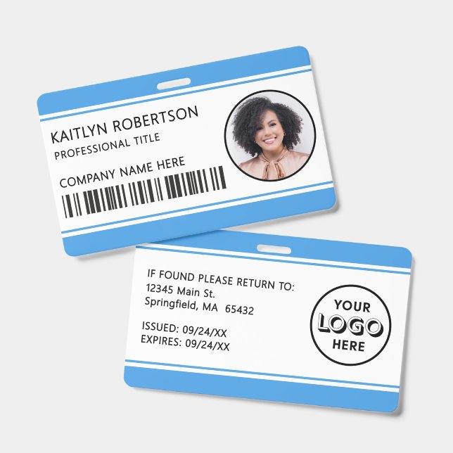 Modern Logo Barcode Light Blue Employee Photo ID Badge (Front & Back)