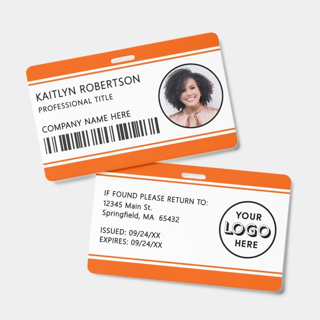 Modern Logo Barcode Orange Employee Photo ID Badge (Front & Back)