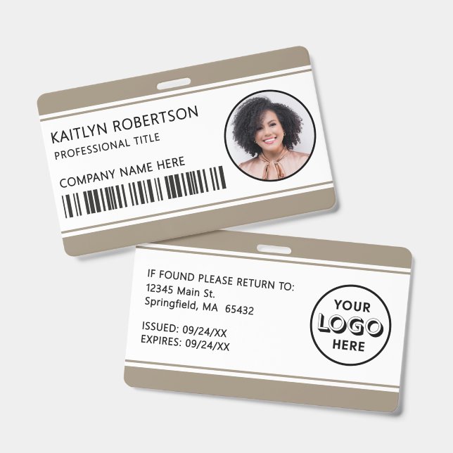 Modern Logo Barcode Tan Employee Photo ID Badge (Front & Back)