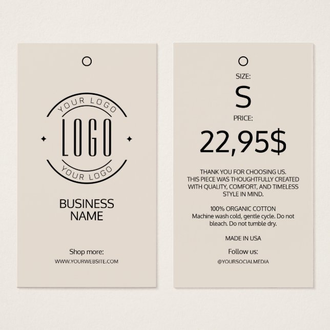 Modern logo beige clothing label hang tag  (Front & Back)