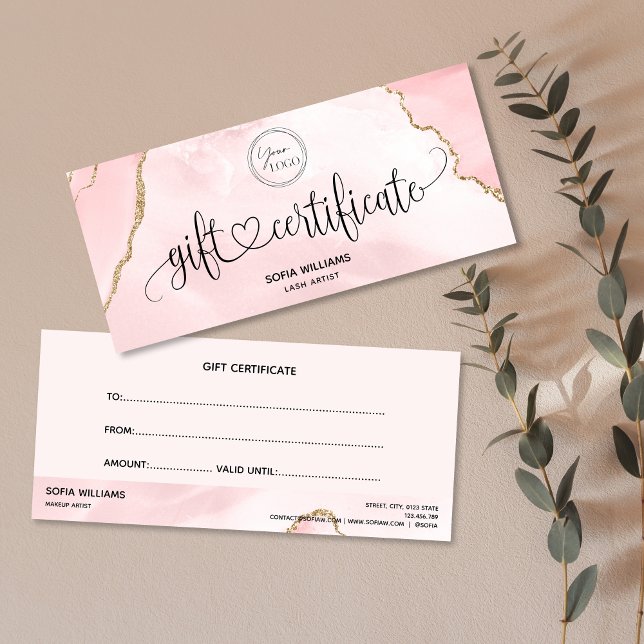 Modern Logo Blush Pink Agate Certificate Gift Card (Creator Uploaded)