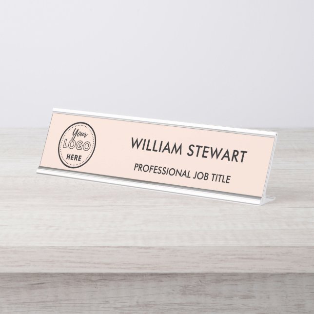 Modern Logo Blush Pink Employee Staff Minimalist Desk Name Plate (Front)