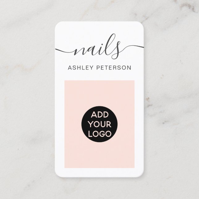 Modern logo blush pink nails technician script business card (Front)