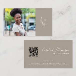 Modern Logo Boho Taupe Simple QR Code Photo Business Card