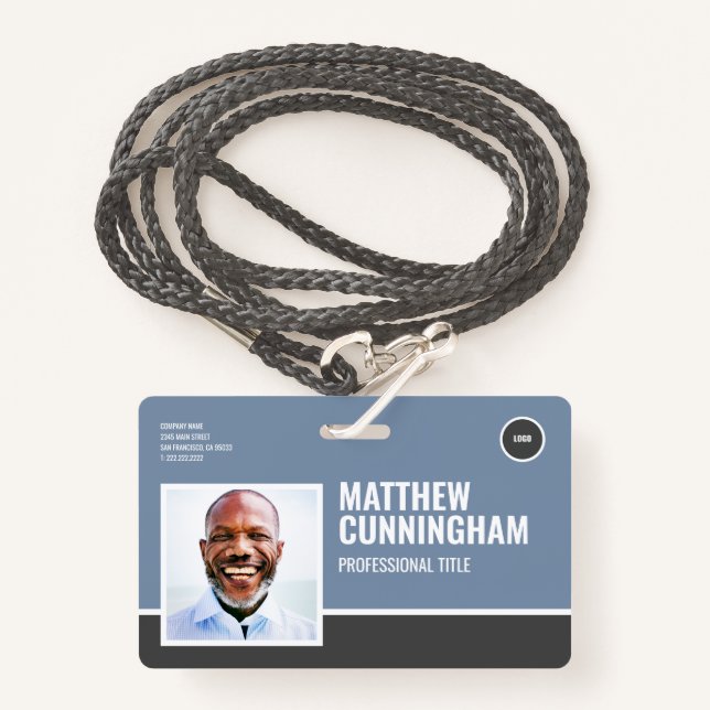 Modern Logo Employee Photo Name Barcode Horizontal ID Badge (Front with Lanyard)