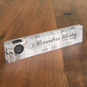 Modern Logo Name Title Script White Brown Marble Nameplate