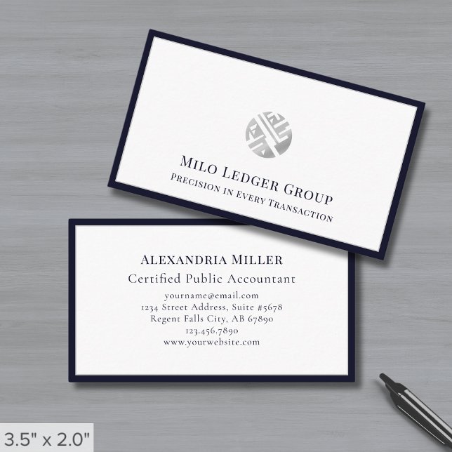 Modern Logo Navy Blue Border Business Card (Creator Uploaded)