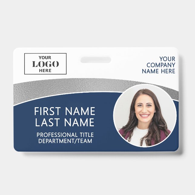 Modern Logo Photo ID Barcode Employee Name Badge (Front)