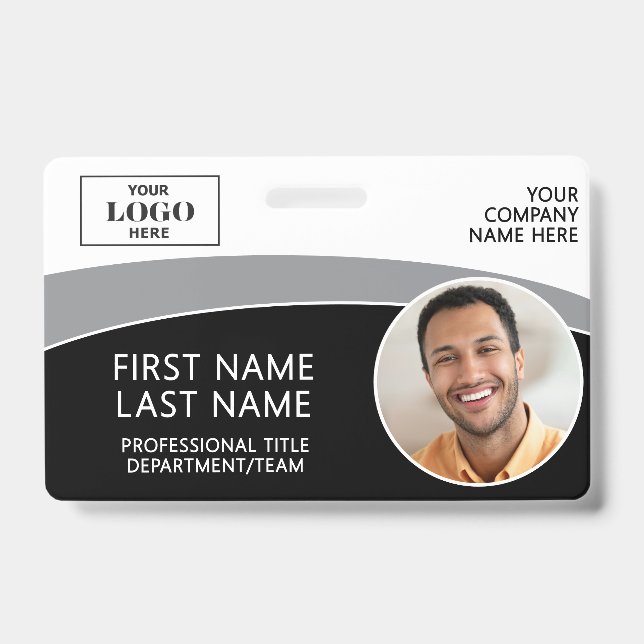 Modern Logo Photo ID Barcode Employee Name Badge (Front)
