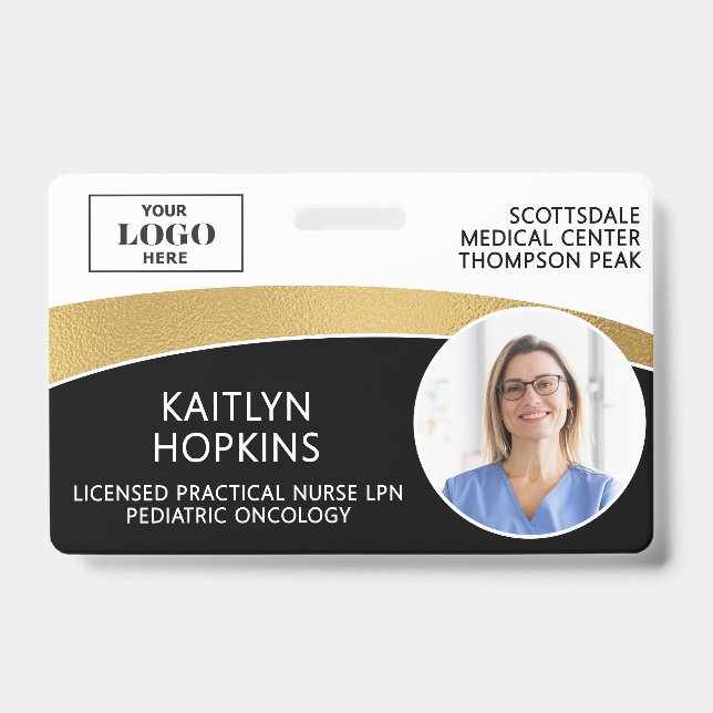 Modern Logo Photo ID Barcode Employee Name Badge (Front)