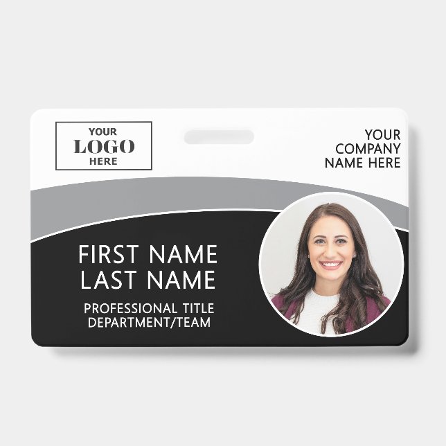 Modern Logo Photo ID Barcode Employee Name Badge (Front)
