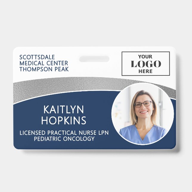 Modern Logo Photo ID Barcode Employee Name Badge (Front)