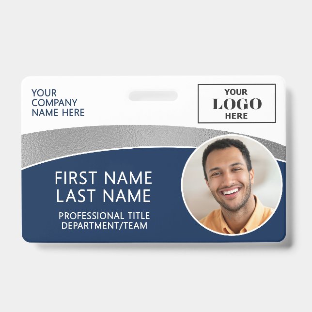 Modern Logo Photo ID Barcode Employee Name Badge (Front)
