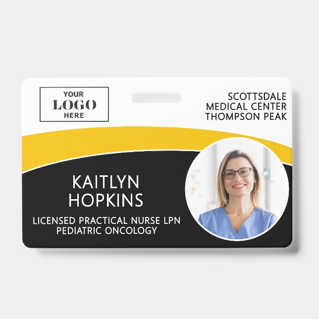 Modern Logo Photo ID Barcode Nurse Name Badge (Front)