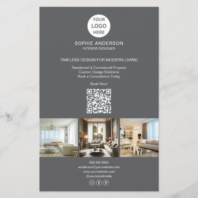 Modern Logo Photo QR Grey Professional Business Flyer (Front)