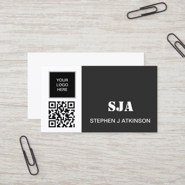 Modern Logo QR Code Black Professional Initials Business Card (Front/Back In Situ)