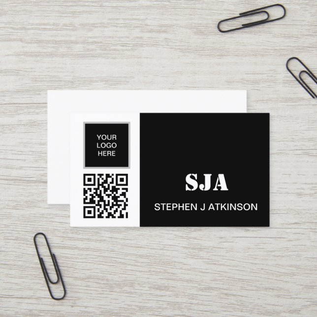 Modern Logo QR Code Black Professional Initials Business Card (Front/Back In Situ)