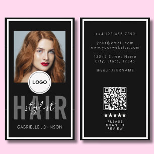 Modern Logo QR Review Black White Hair Stylist Business Card
