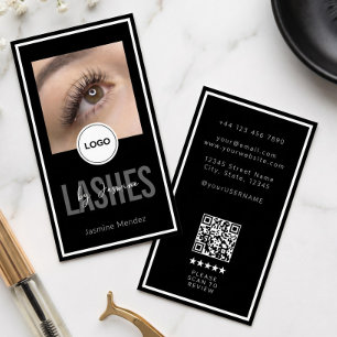 Modern Logo QR Review Black White Lash Artist  Business Card
