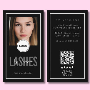Modern Logo QR Review Black White Lash Artist Business Card