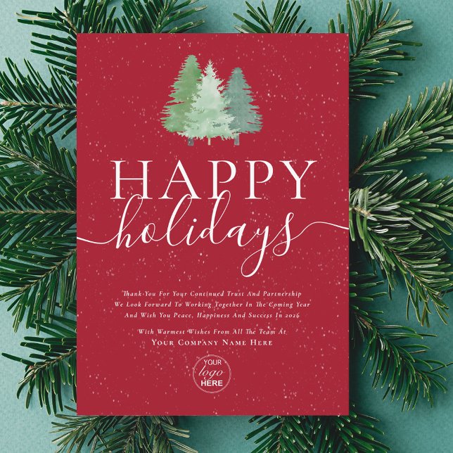 Modern Logo Watercolor Christmas Tree Red Business Holiday Card (Modern watercolor snowy woodland happy holidays company logo red business holiday card)