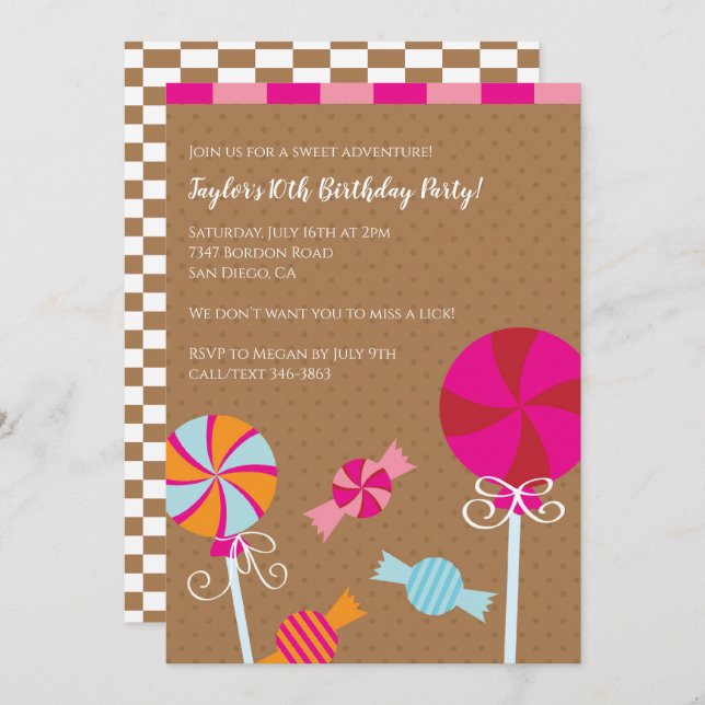 Modern Lollipop : Pink Brown Candy Birthday Party Invitation (Front/Back)