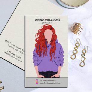Modern long curly Red Hair Girl Earring Display  Business Card