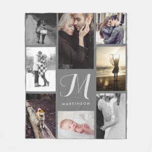 Modern Look Monogram and Photos Gray Fleece Blanket