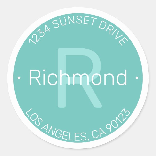 Modern look | Teal & White Return Address Classic Round Sticker (Front)