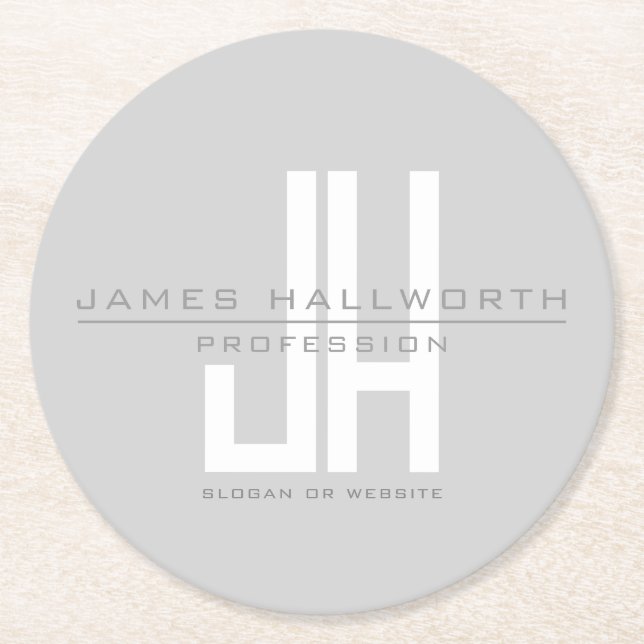 Modern Looking Business Monogram | Grey Round Paper Coaster (Front)