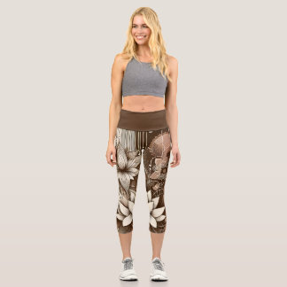 Modern Lotus Flowers In Sepia Capri Leggings
