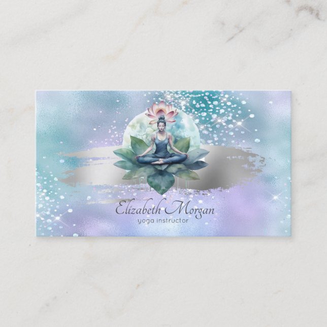 Modern Lotus Women Brush Stroke Holographic Business Card (Front)