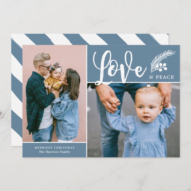 Modern Love and Peace Two Photo Blue Holiday Card (Front/Back)
