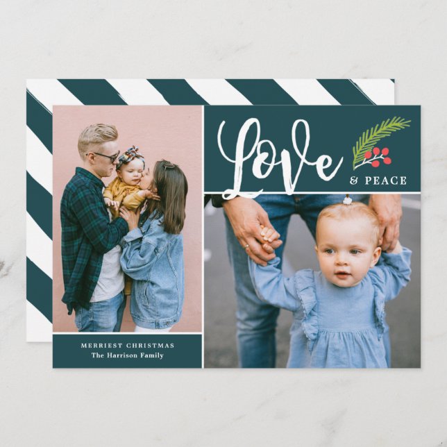 Modern Love and Peace Two Photo Teal Holiday Card (Front/Back)