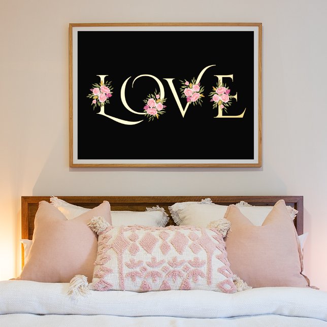 Modern "Love" and pink rose bouquets black Foil Prints (Creator Uploaded)