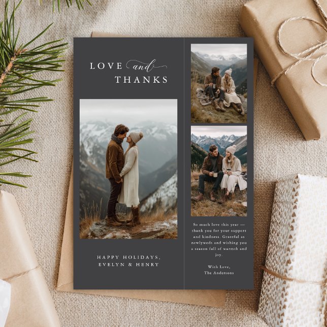  Modern Love and Thanks 3 Photo Newlywed Holiday Card (Creator Uploaded)